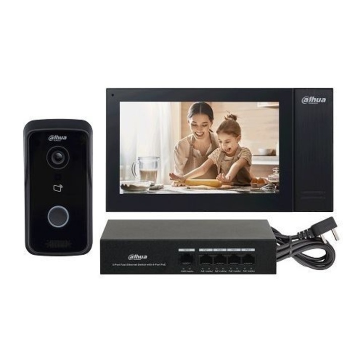 Kit videointerfon IP Dahua KTP02, 1 MP, 1024 x 600, 7 inch touch screen, IC card, control de la distanta, PoE, IP65