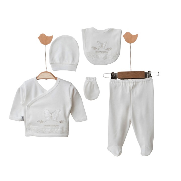 Compleu 5 piese Bebelusi fete, ZIPIR BABY broderie model "Butterfly", 100% Bumbac, 0-4 luni, Ecru