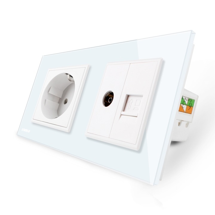 Priza dubla Livolo cu rama din sticla 1 priza Schuko+TV/internet, Alb, VL-C7C2EU/VC-11