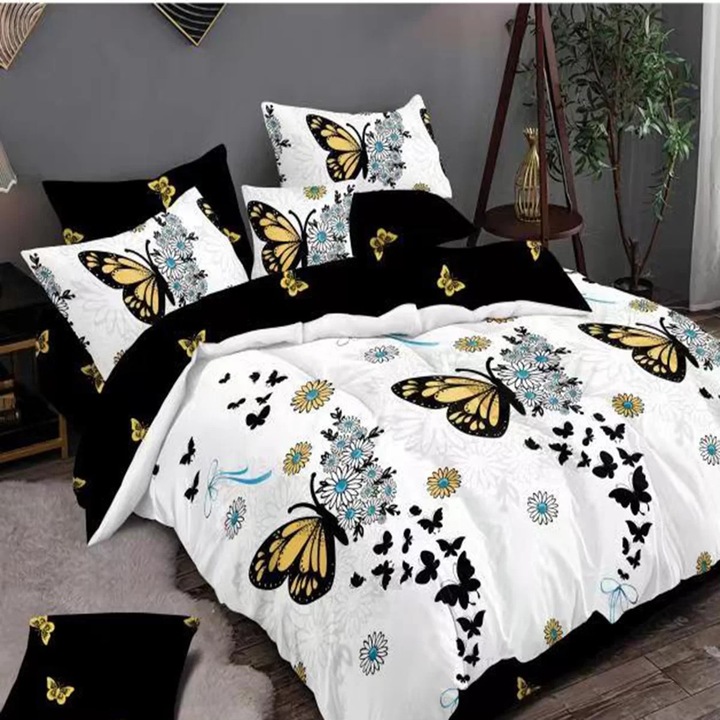 Спално спално бельо от фино двойно памучно бельо 6 части 220 x 240 см, Fluturasi, White Black, Ralex Pucioasa M163