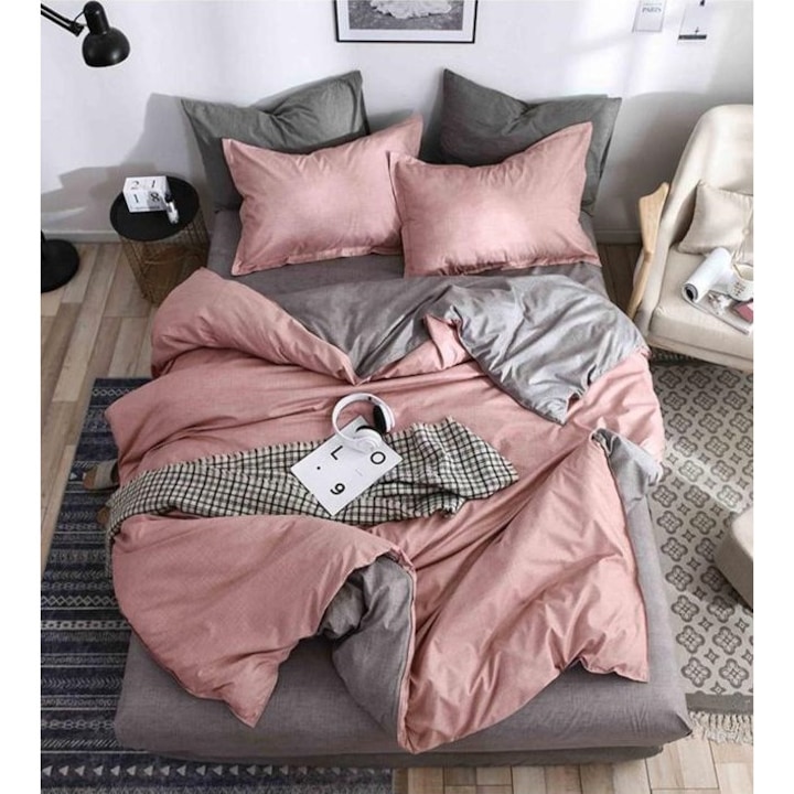 Комплект спално бельо, сатениран памук, 4 части, розово/сиво, 240x250 см