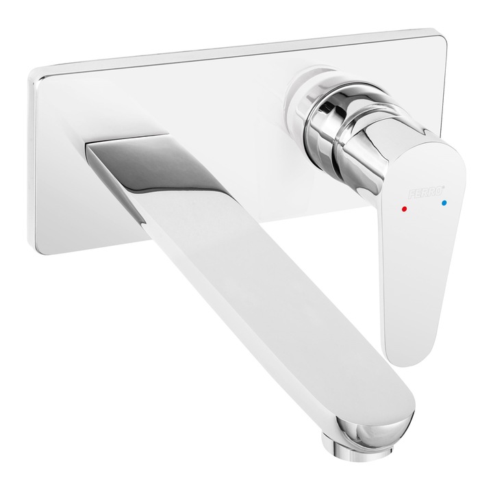 Смесител Ferro Algeo, За умивалник, Стенен, За вграждане, Комплект вътрешно и външно тяло, Едноръкохватков, Керамичен затварящ механизъм, Монтаж с 2 отвора, Чучур с дължина 220 мм