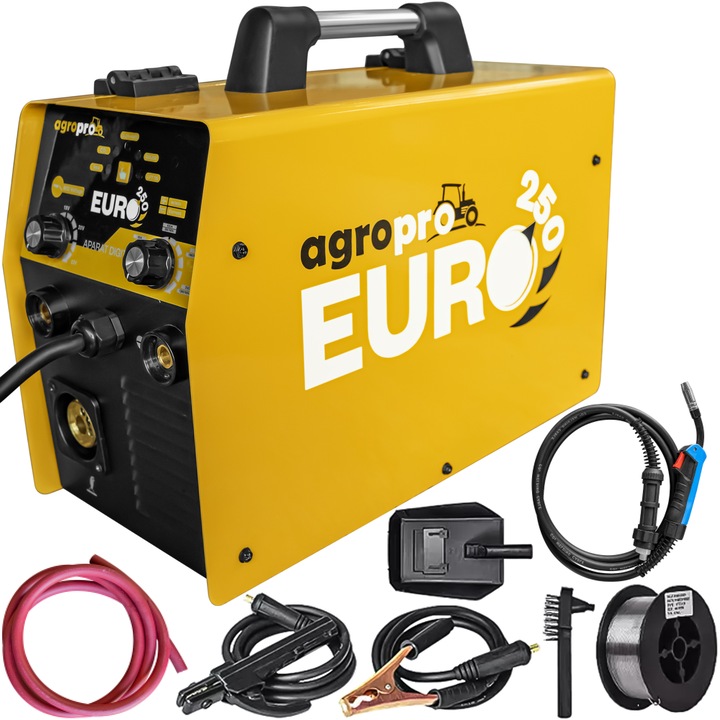 Aparat sudura AgroPro Euro 250, tip invertor, functie MIG-MMA-TIG, amperaj 200A, 220V, electrod 1.6-4mm, rola sarma 0.8mm 1Kg, accesorii incluse