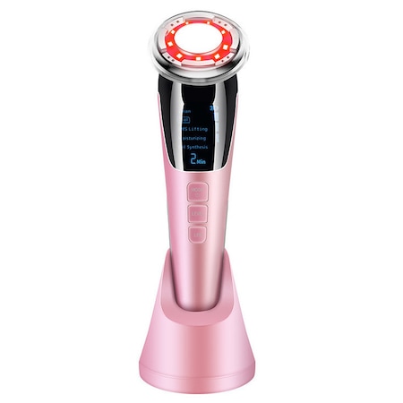 Aparat profesional pentru tratament facial si intinerirea pielii 5 in 1, Merkie®, Mezoterapie, LED, Lifting, Anti Rid, vibratii EMS, Microcurent, Masaj facial, Roz