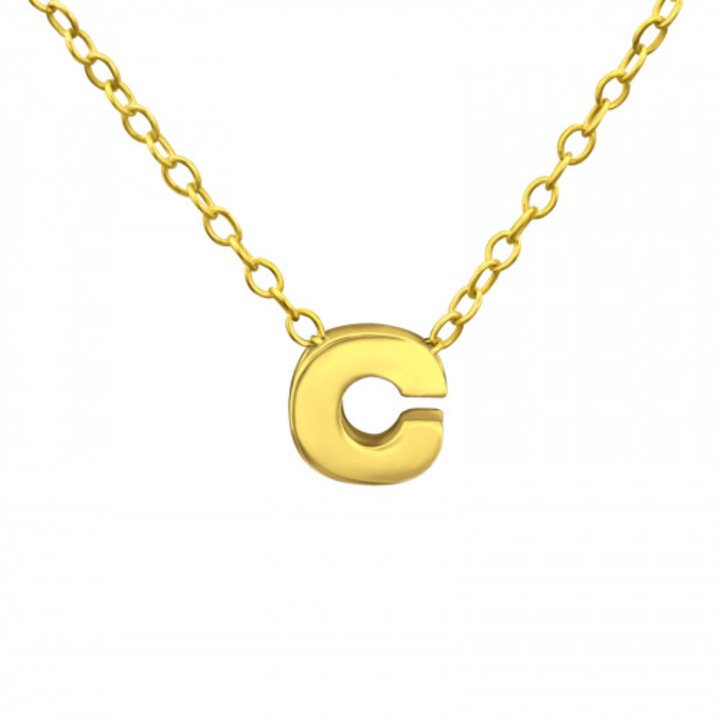 Сребърно колие с покритие от 14-каратово злато, висулка буква "C" и верижка 45 см