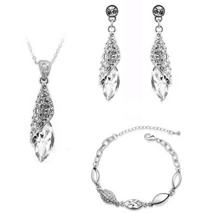 Set de bijuterii placate cu argint cu zirconiu, cercei, colier, bratara