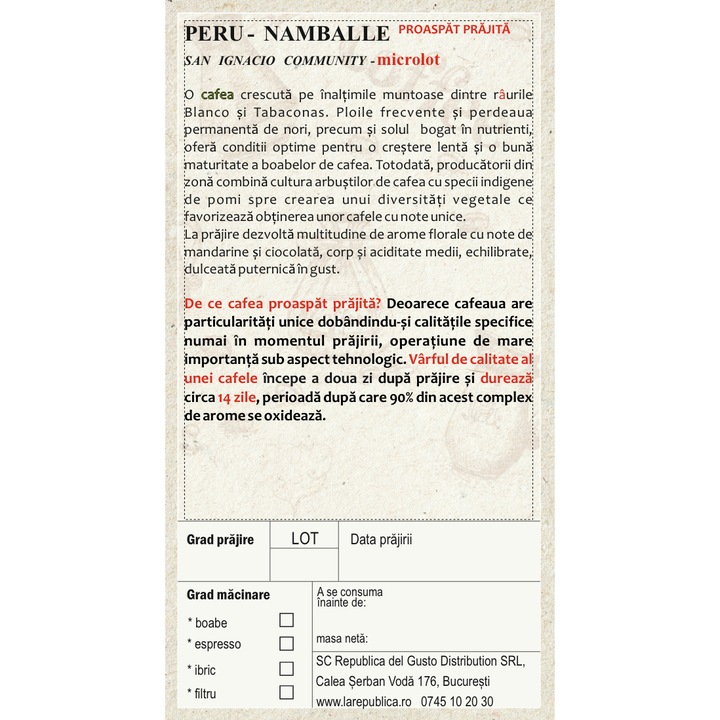 Cafea Proaspat Prajita, 250 gr, Peru Speciality Coffee, 100% Arabica, boabe