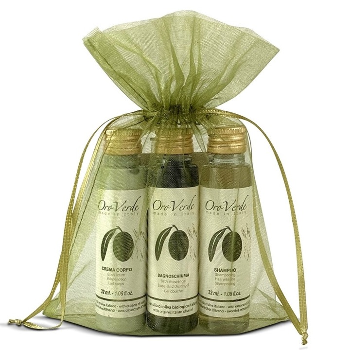 Kit Sampon Oroverde compus din 40 seturi cosmetice hoteliere cu ulei natural de masline ambalate in saculet din organza