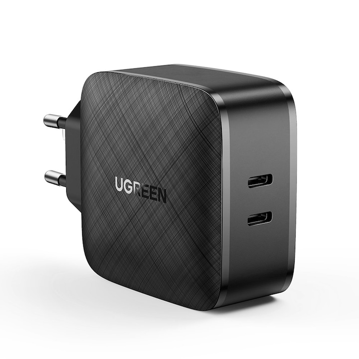 Щепсел за зарядно 2x USB-C PD GaN 66W, 3.3A, Ugreen (70867), черен