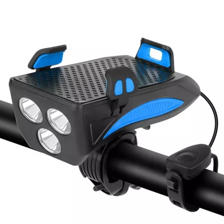 Фар за велосипед с 3 светодиода, 400 лумена, Поставка за телефон, Външна батерия 4000 mAh, Клаксон, Черен/Син