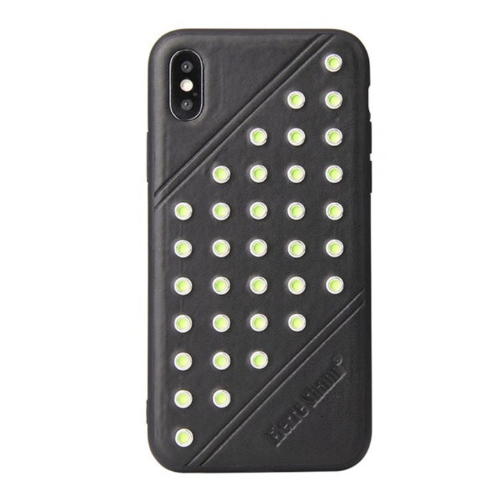 Apple iPhone XS 5.8 / iPhone X 5.8 Fierre shann műanyag telefonvédő (bőr hatású hátlap, szegecses) fekete, GP-81778, gyártói csomagolás
