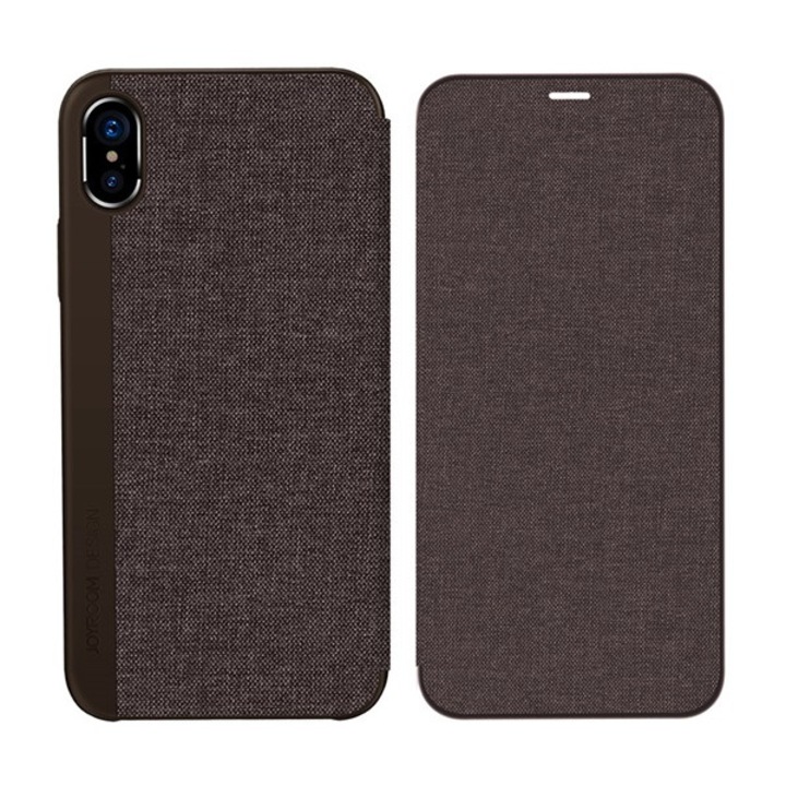 Joyroom leon mobiltelefon tok álló, bőr hatású, aktív flip, oldalra nyíló, textilbevonat, barna, kompatibilis: Apple iPhone XS 5.8 / iPhone X 5.8