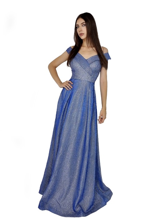 Elize hosszú ruha, határozott redőkkel és nyakkivágással, vállmandzsettával, kék, S/M univerzális méret