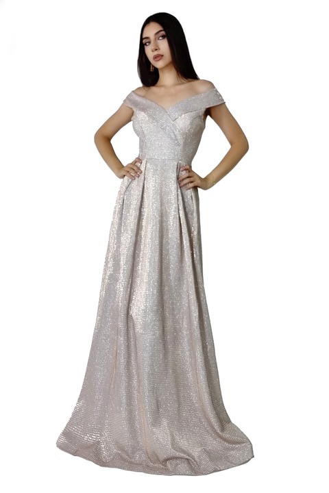 Дълга рокля Elize, с изразени плисета и деколте с маншети на раменете, Сребриста, Универсален размер S/M