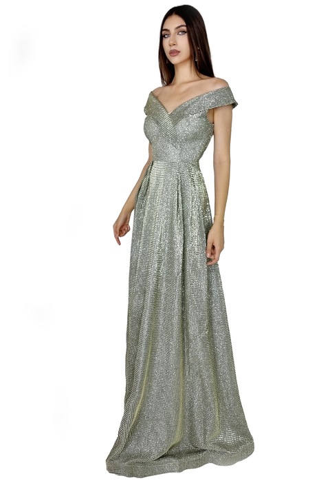 Дълга рокля Elize, с изразени плисета и деколте с маншети на раменете, Маслинено златисто, Универсален размер S/M