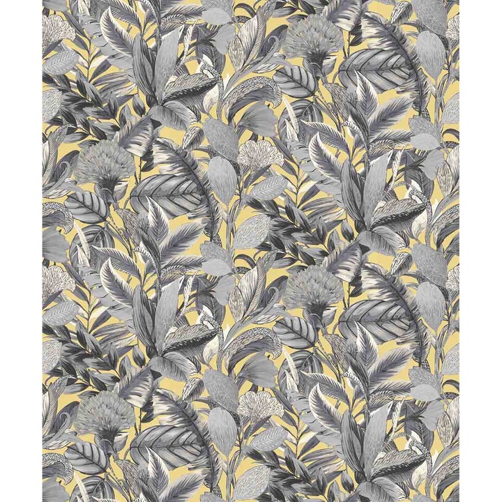 Modern tapéta levelekkel és virágokkal, fekete, sárga, mosható ELLE 2, 10202-15 0,53mx 10m