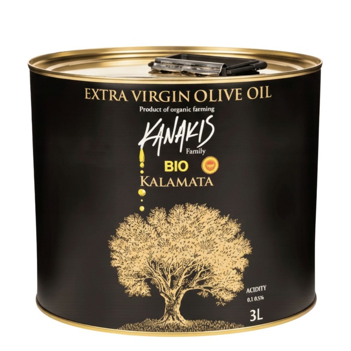 Ulei de masline extravirgin organic Kanakis 3L – BIO, 100% Koroneiki, presat la rece, PDO Kalamata