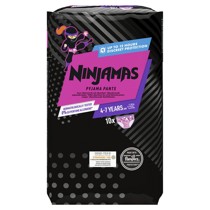 Пелени-гащички Ninjamas, Нощни, За момичета, 4-7 години, 17-30 кг, 10 броя