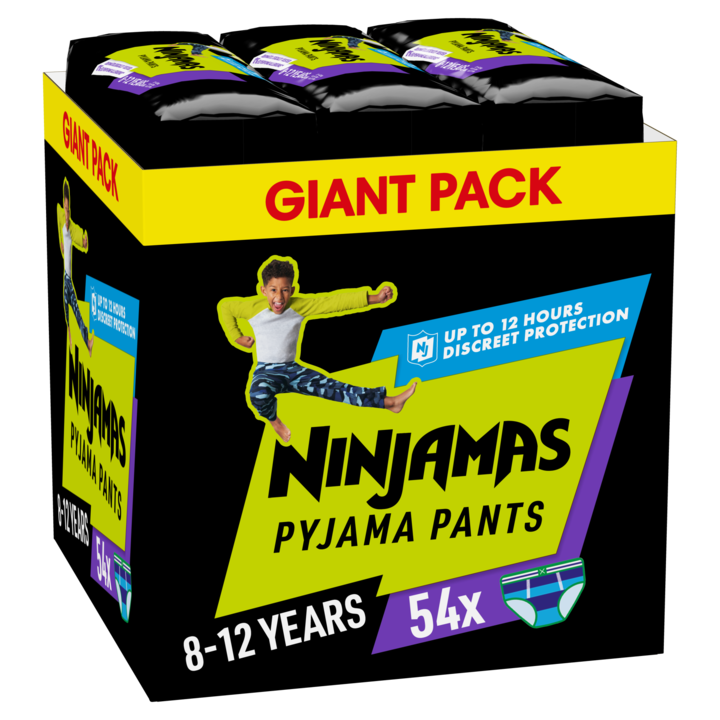 Scutece-chilotel pentru noapte Ninjamas pentru baietei, 8-12 ani, 27-43 kg, 54 buc