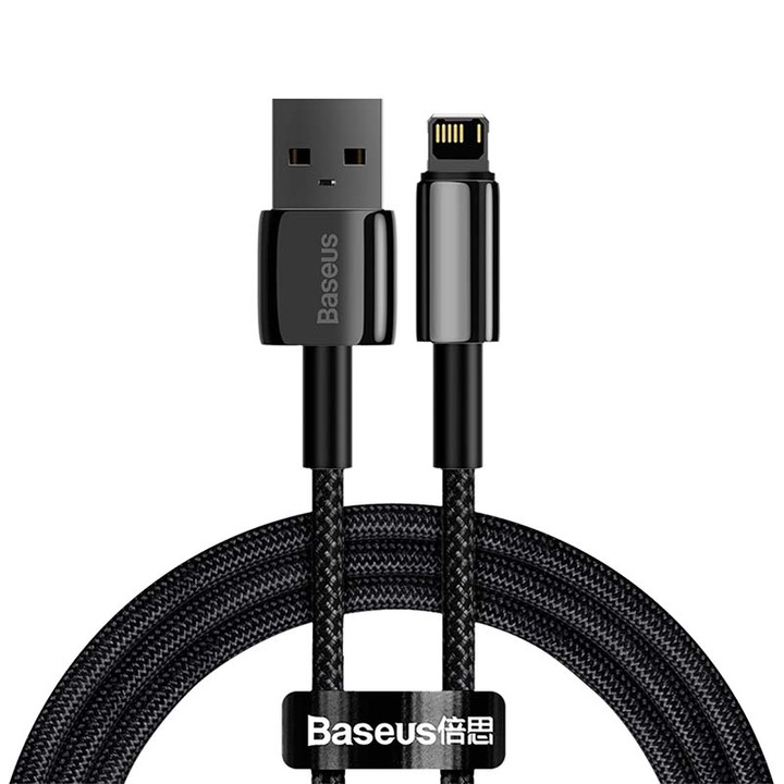 Кабел за захранване и данни Baseus, Tungsten Gold, Fast Charging, USB към Lightning 2.4A плетен 2 м, черен