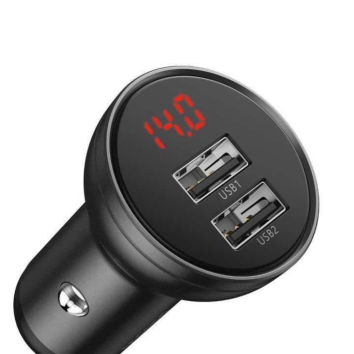 Baseus autós töltő kijelzővel, 2x USB, 4.8A, 24W, szürke