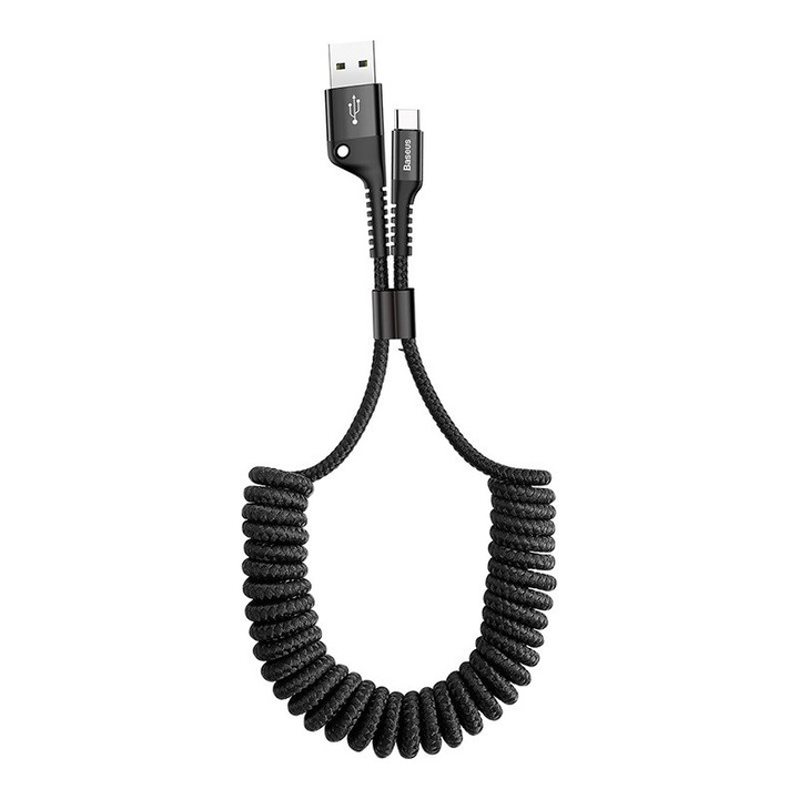Кабел USB към Type-C Baseus Fish Eye Spring Data, 1 м, 2A, Текстилна оплетка, Черен