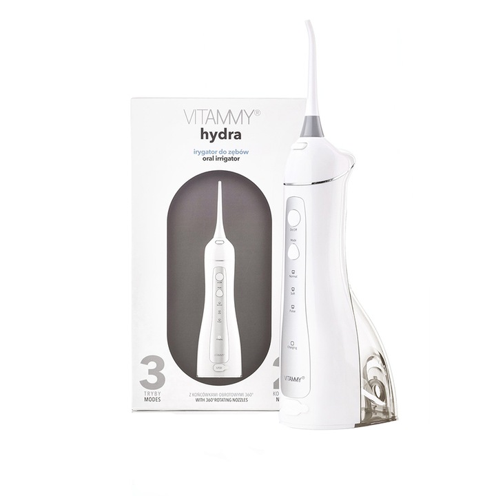 Irigator oral Vitammy Hydra pentru dus bucal, profesional, 3 moduri de functionare, rezistent la apa, 2 duze, Alb
