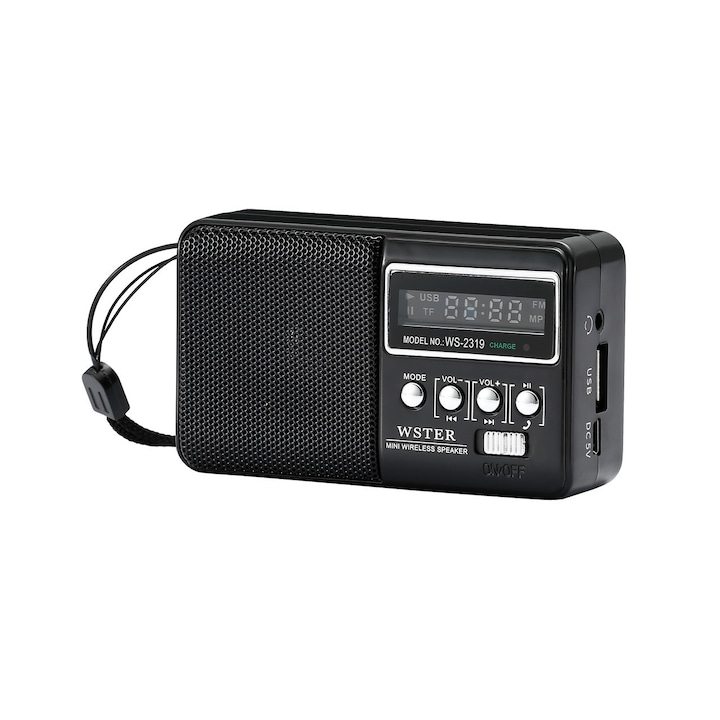 Hordozható FM rádió, Bluetooth, USB, Micro SD, beépített akkumulátorral fekete színű