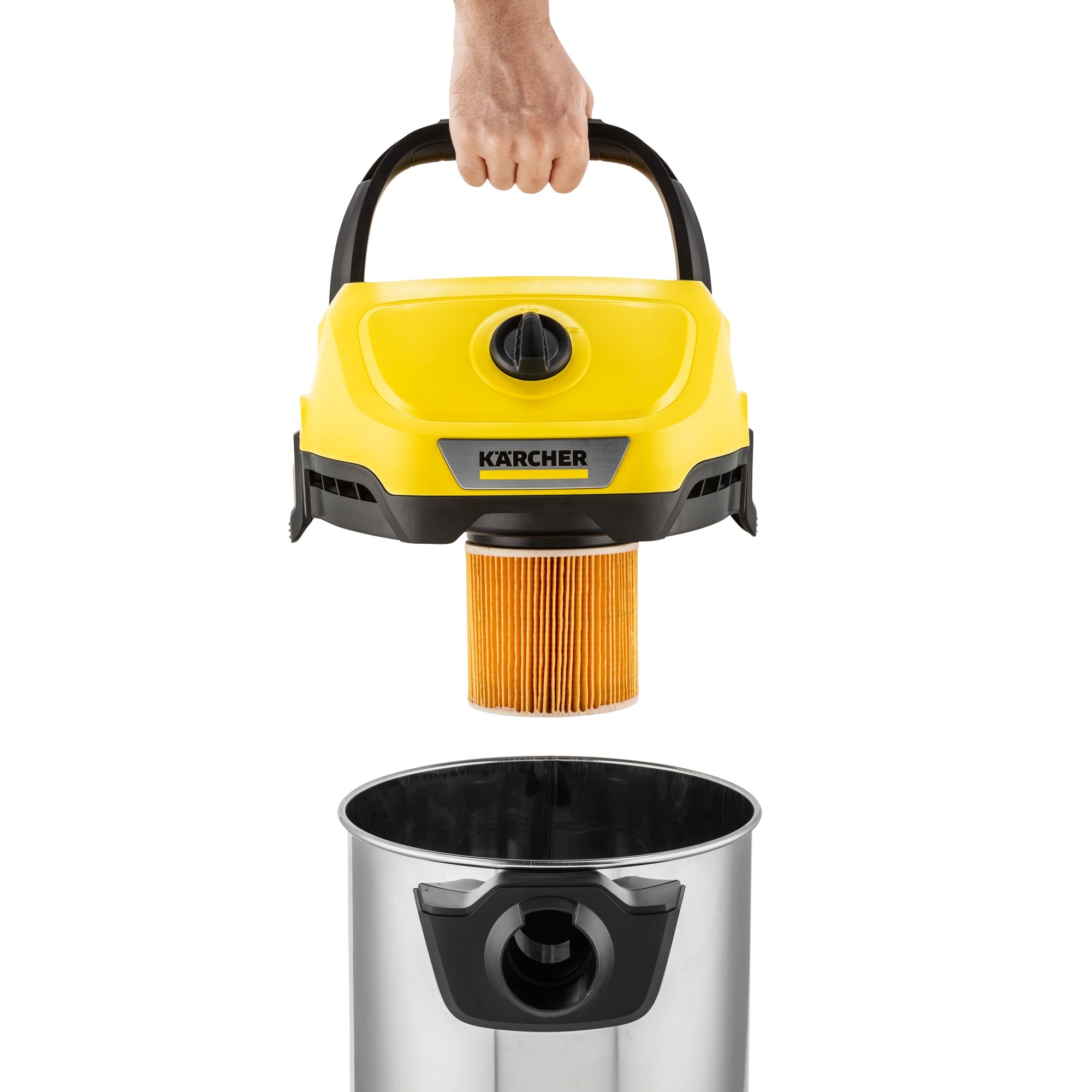 Aspirator Karcher, sistem ”Pull and Push”, aspirare umeda si uscata, sac textil, functie de suflare, filtru din spuma, 1000 W, 15 l, galben