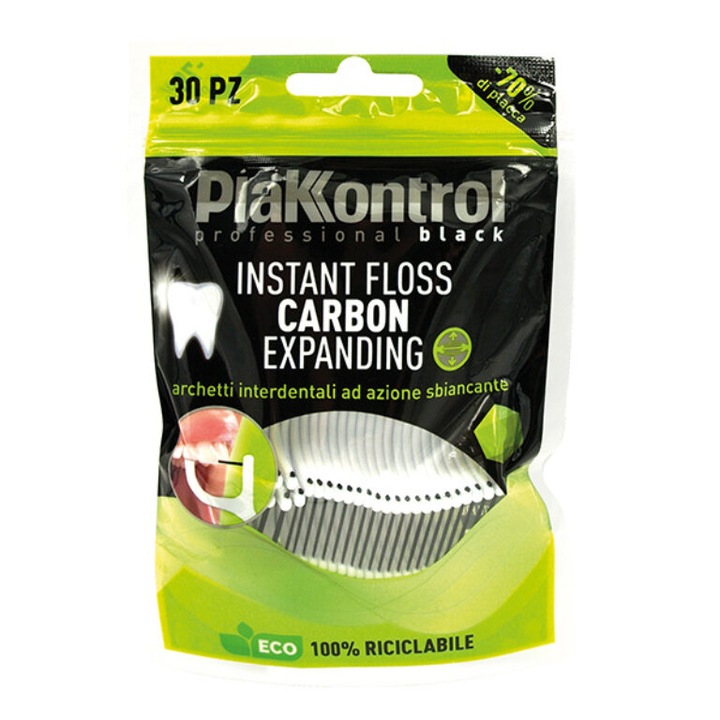 Ata dentara cu maner, efect albire Carbune activ, PlakKontrol 30 buc, Italy