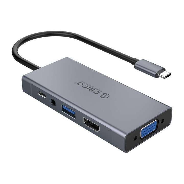 Adaptor Hub Orico 5-in-1, HDMI 4K + USB 3.0 + VGA + AUX + USB-C PD 60W