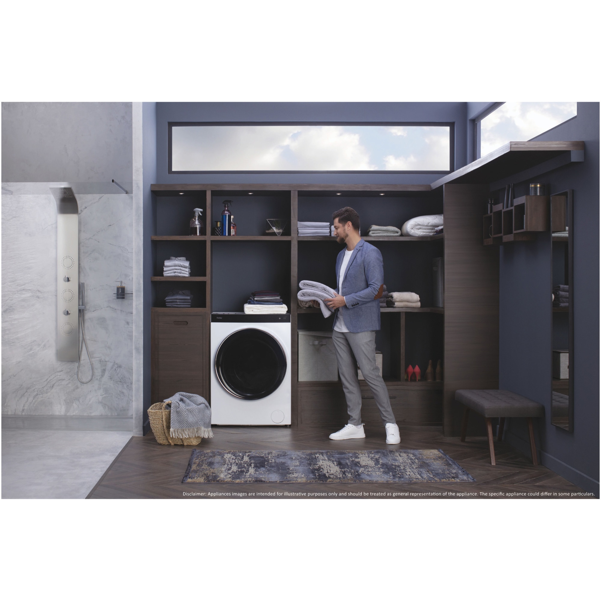 Masina de spalat rufe cu uscator Slim Haier HWD100BD1499UN/S, 10 kg spalare, 6 kg uscare, Clasa A, 1400 RPM, Motor Direct Motion, Wi-Fi, iRefresh, ABT, Steam, iTime, Pillow Drum, Dual Spray, Smart Dosing, Alb