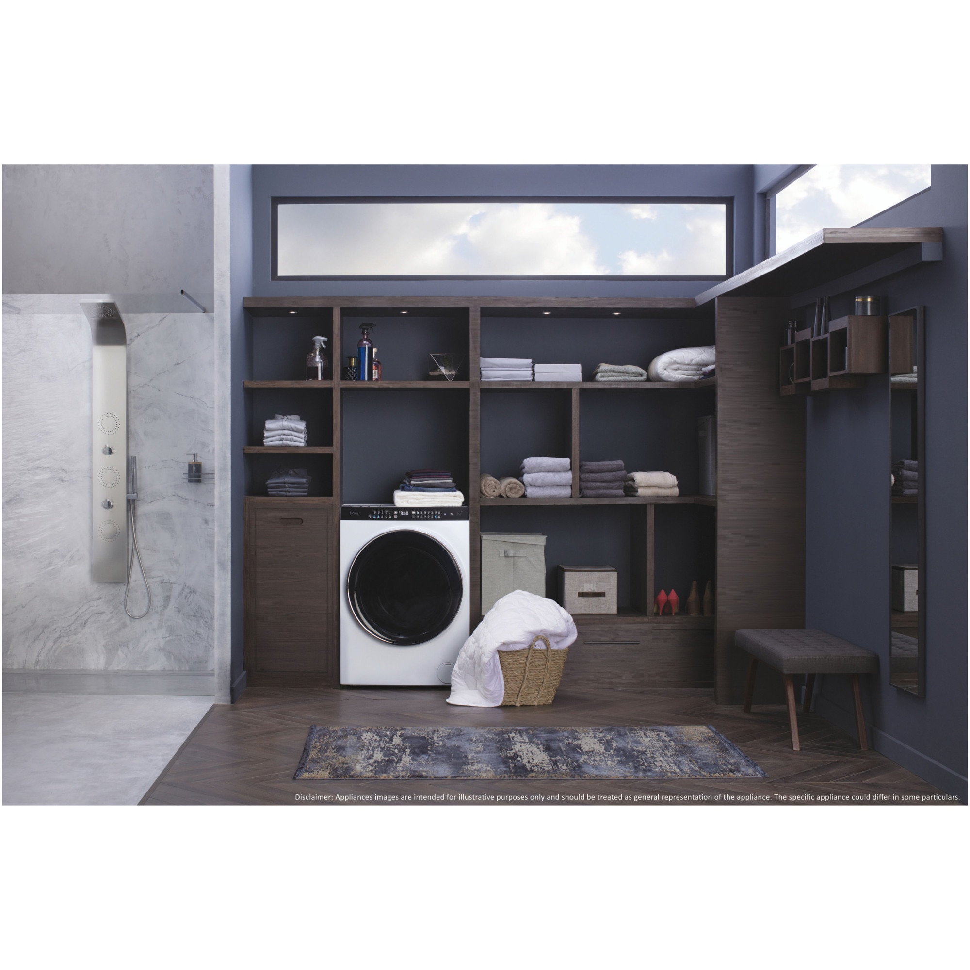 Masina de spalat rufe cu uscator Slim Haier HWD100BD1499UN/S, 10 kg spalare, 6 kg uscare, Clasa A, 1400 RPM, Motor Direct Motion, Wi-Fi, iRefresh, ABT, Steam, iTime, Pillow Drum, Dual Spray, Smart Dosing, Alb