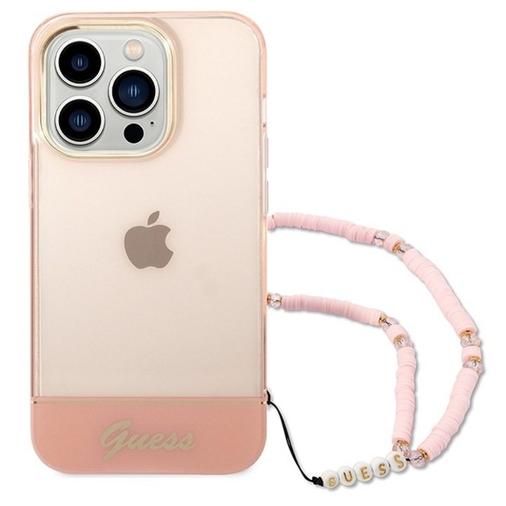 Eredeti előlap tok GUESS GUHCP14LHGCOHP iPhone 14 PRO-hoz (IML Electro Cam w. Strap Translucent / rózsaszín)