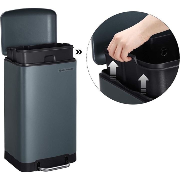 SONGMICS Cos de gunoi 34x25x61 cm, 30L, cu pedala, capac soft-close si galeata detasabila, verde-gri