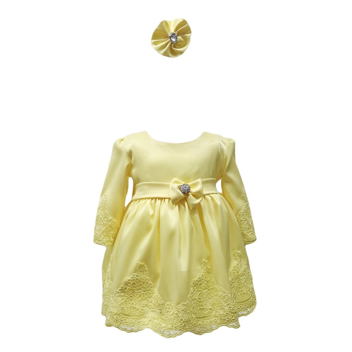Rochie botez cu maneca lunga, model Regina, culoare galbena, varsta 9 luni