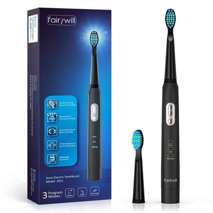 Periuta de dinti sonica FairyWill FW-2011, 2 capete, 3 moduri de functionare, Negru