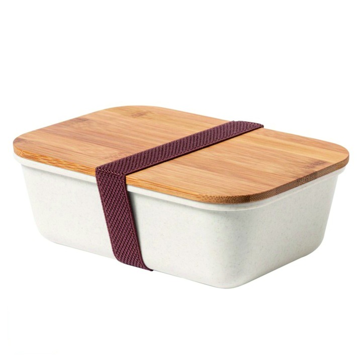 Cutie alimentara de culoare alba cu capac din bambus, capacitate 1000 ml