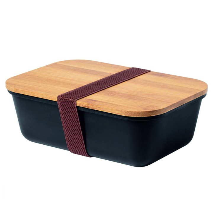 Cutie alimentara de culoare neagra cu capac din bambus, capacitate 1000 ml