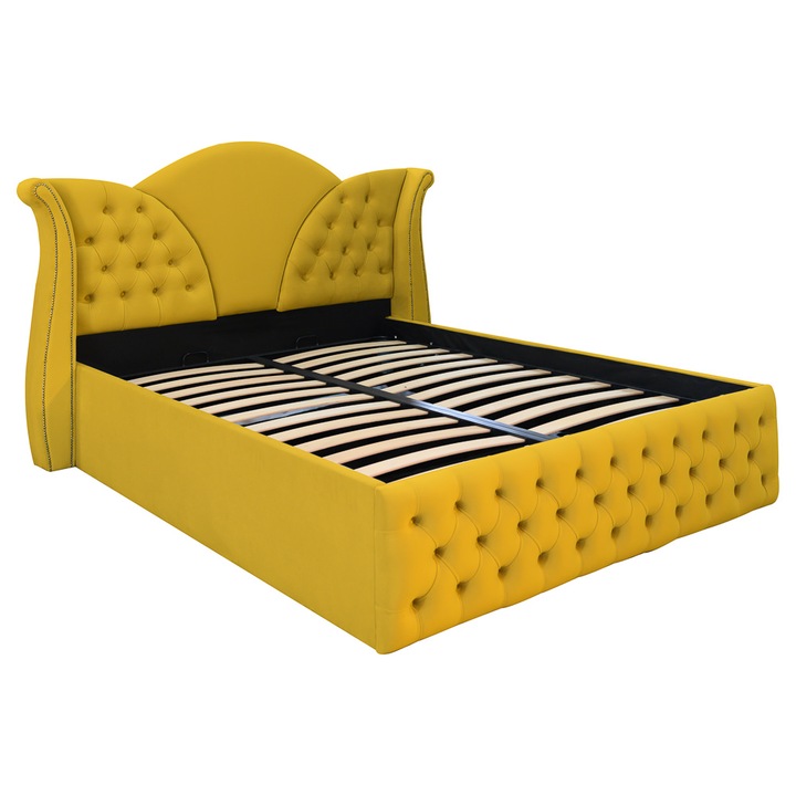 Pat dublu tapitat model Florida 180/200 cm culoare galben mustar cu somiera metalica rabatabila si spatiu de depozitare