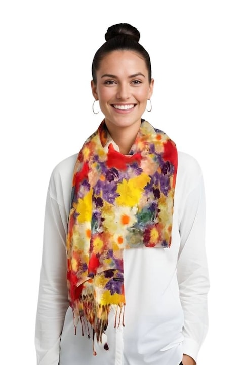 Fular casmir dama F, rosu/galben, 180 x 70 cm