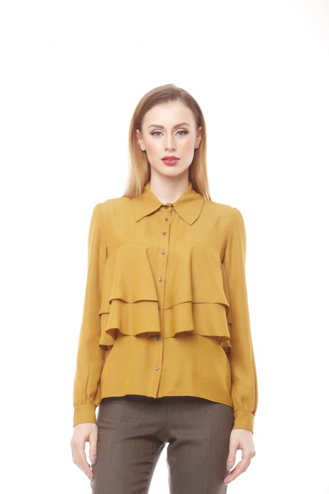 Camasa KVINNA volane mustar, guler clasic, Galben mustar