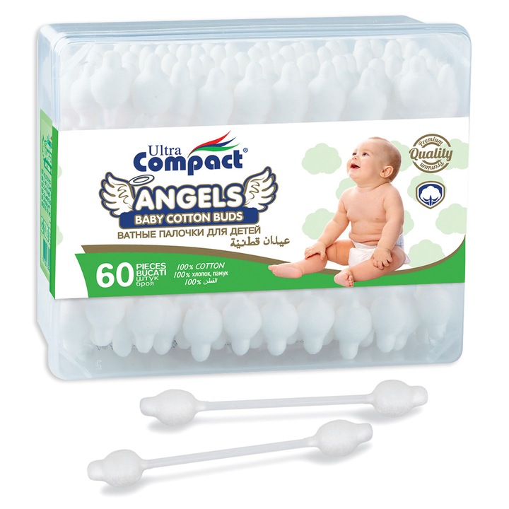 Betisoare de Urechi pentru Bebelusi si Copii cu Protectie, 100% Bumbac, Ultra Compact, 60 buc