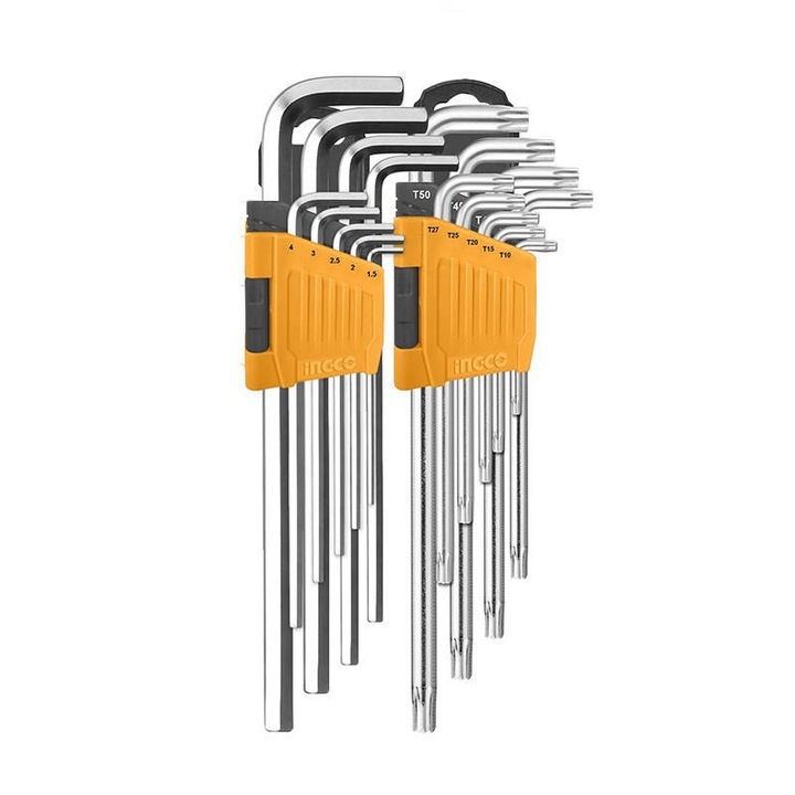 Set 9 chei hexagonale si 9 chei torx INGCO HHKSET0181, 1.5-10 mm/T10-T50, Argintiu