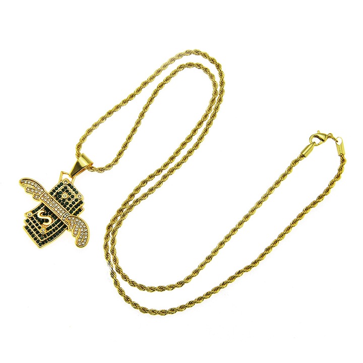 Hip-hop kötéllánc szárnyas dollár medállal, zöld cirkon, 18K aranyozott, tessero, arany