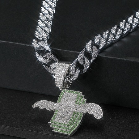 Lant Cuban Chain cu pandantiv in forma de dolar cu aripi, pietre ...