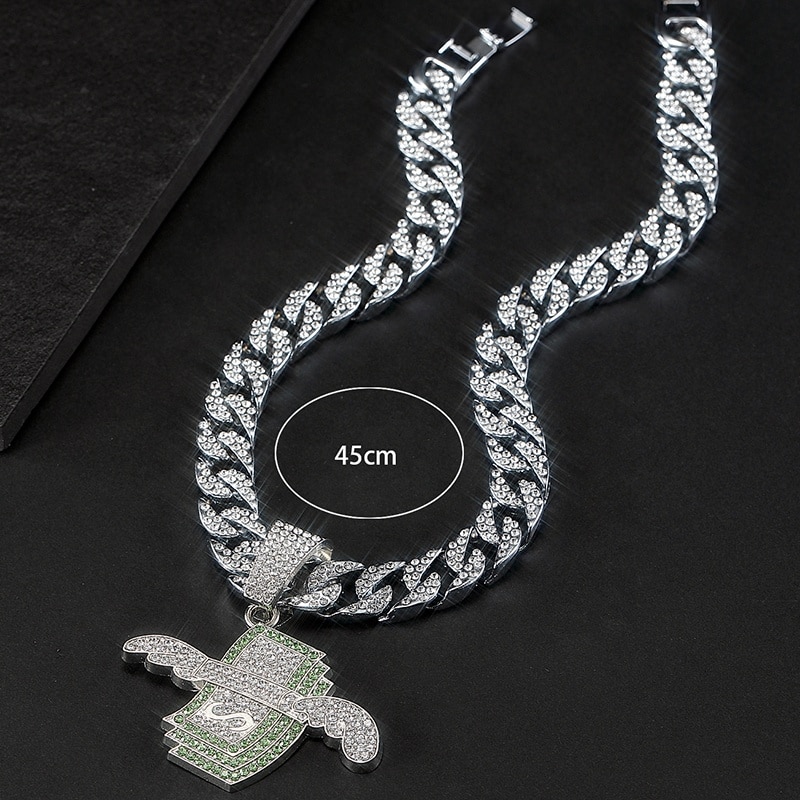 Lant Cuban Chain cu pandantiv in forma de dolar cu aripi, pietre ...