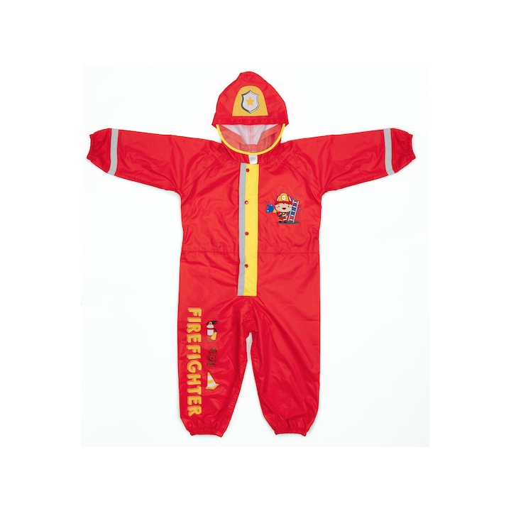 Combinezon ploaie copii impermeabil, Perletti Costum Pompier cu saculet transport, marime 3-4 ani, 90-105cm