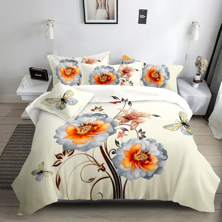 Спално бельо с цветя и пеперуди, двойно легло, 4 части, 5D печат, памук и полиестер, F14/C