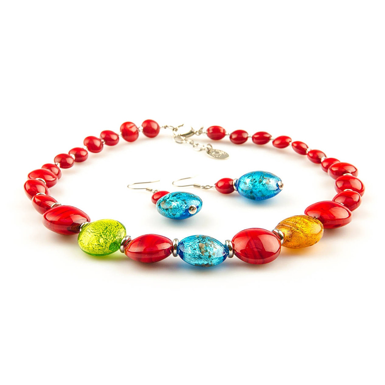 Set bijuterii din sticla de Murano, colier si cercei rosu Millefiori Cereza